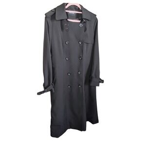 Ebossy Women's Black Trench Coat Size L Long Double Breasted Belted Classic